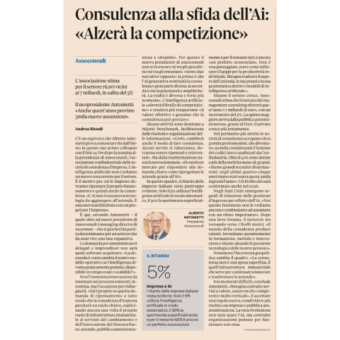 Articolo de Il Sole 24 Ore: Consulenza alla sfida dell’Ai: “Alzerà la competizione” | Intervista al Presidente Assoconsult Alberto Antonietti